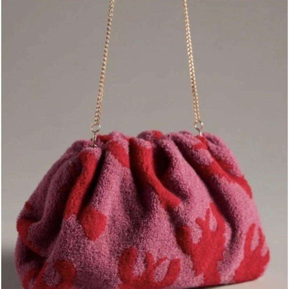 Anthropologie Pink Terry Cloth Lobster Clutch Crossbody Bag Chain Strap